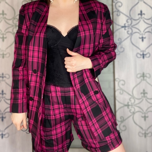 Vintage Squares Short Sleeve 2pc Walking Suit Set - Pink